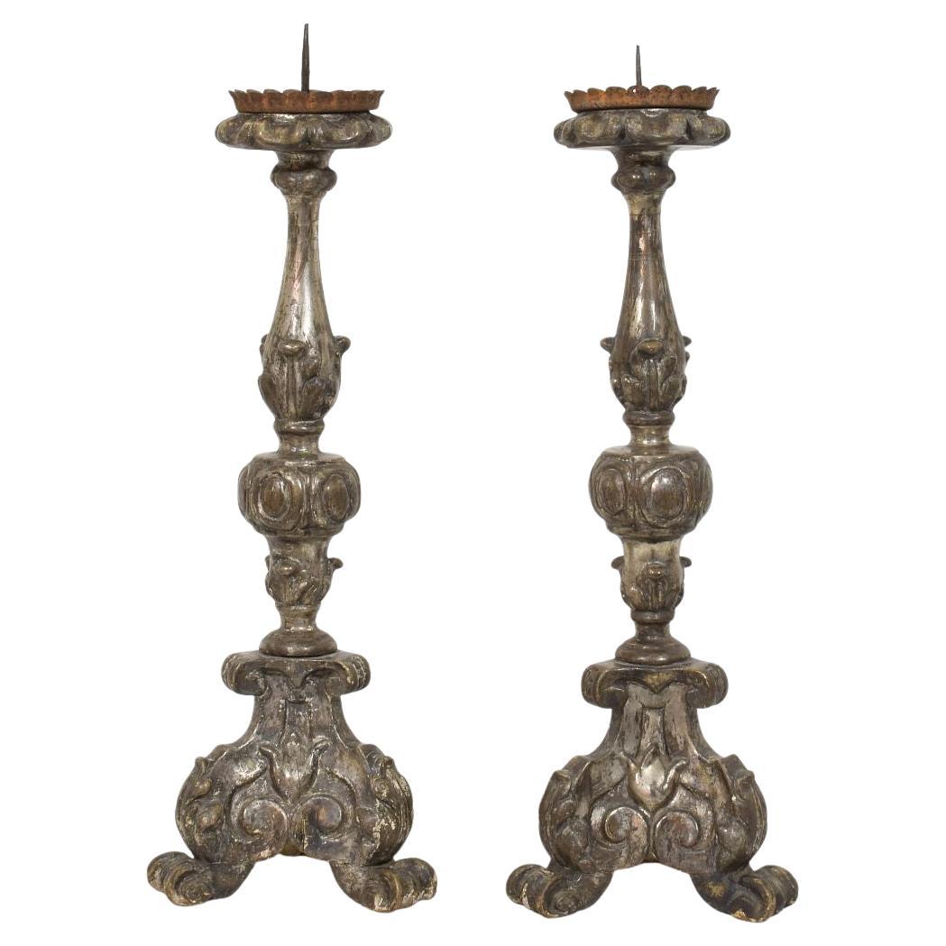 Couple of 18th Century Italian Baroque Carved Wooden Candlesticks Circa 1750