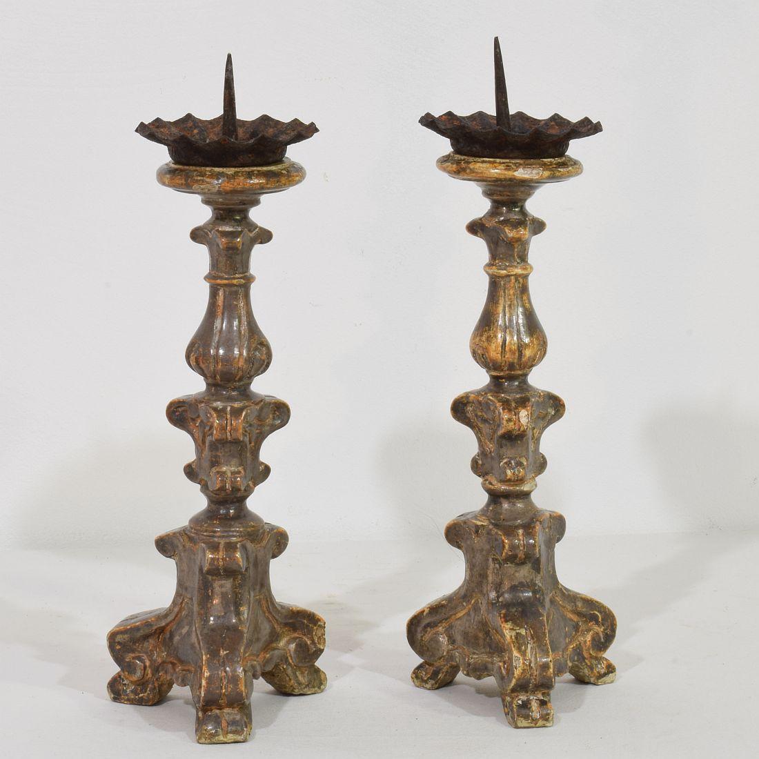 Hand-Carved Couple of 18th Century Italian Baroque Silvered Candlesticks