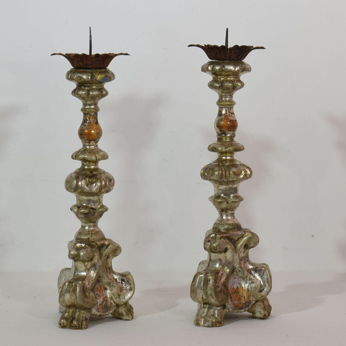 18th Century and Earlier Couple of 18th Century Italian Baroque Silvered Candlesticks
