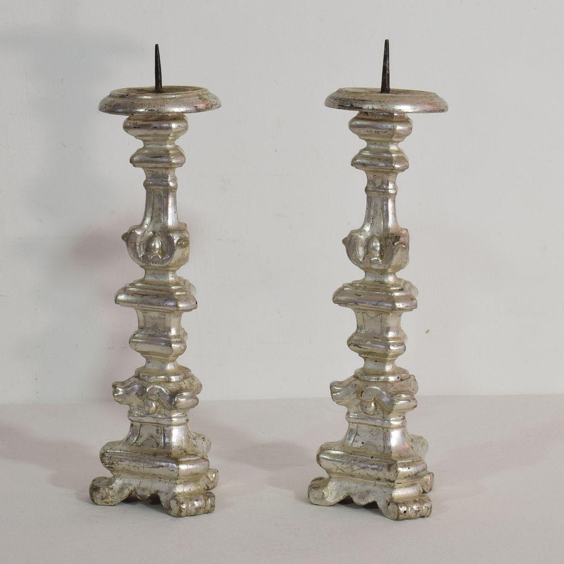 18th Century and Earlier Couple of 18th Century Italian Baroque Silvered Candlesticks