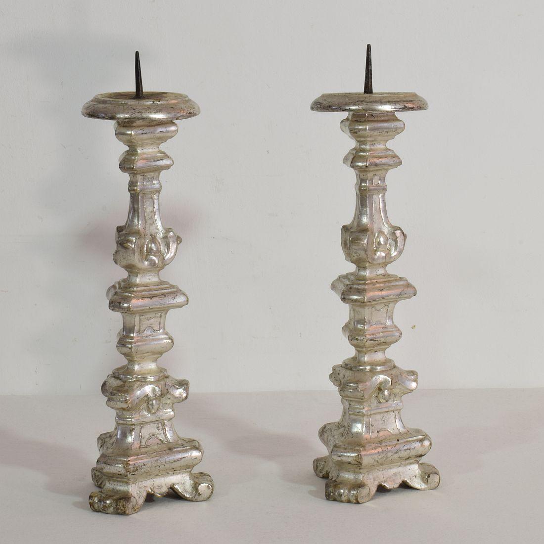 Wood Couple of 18th Century Italian Baroque Silvered Candlesticks