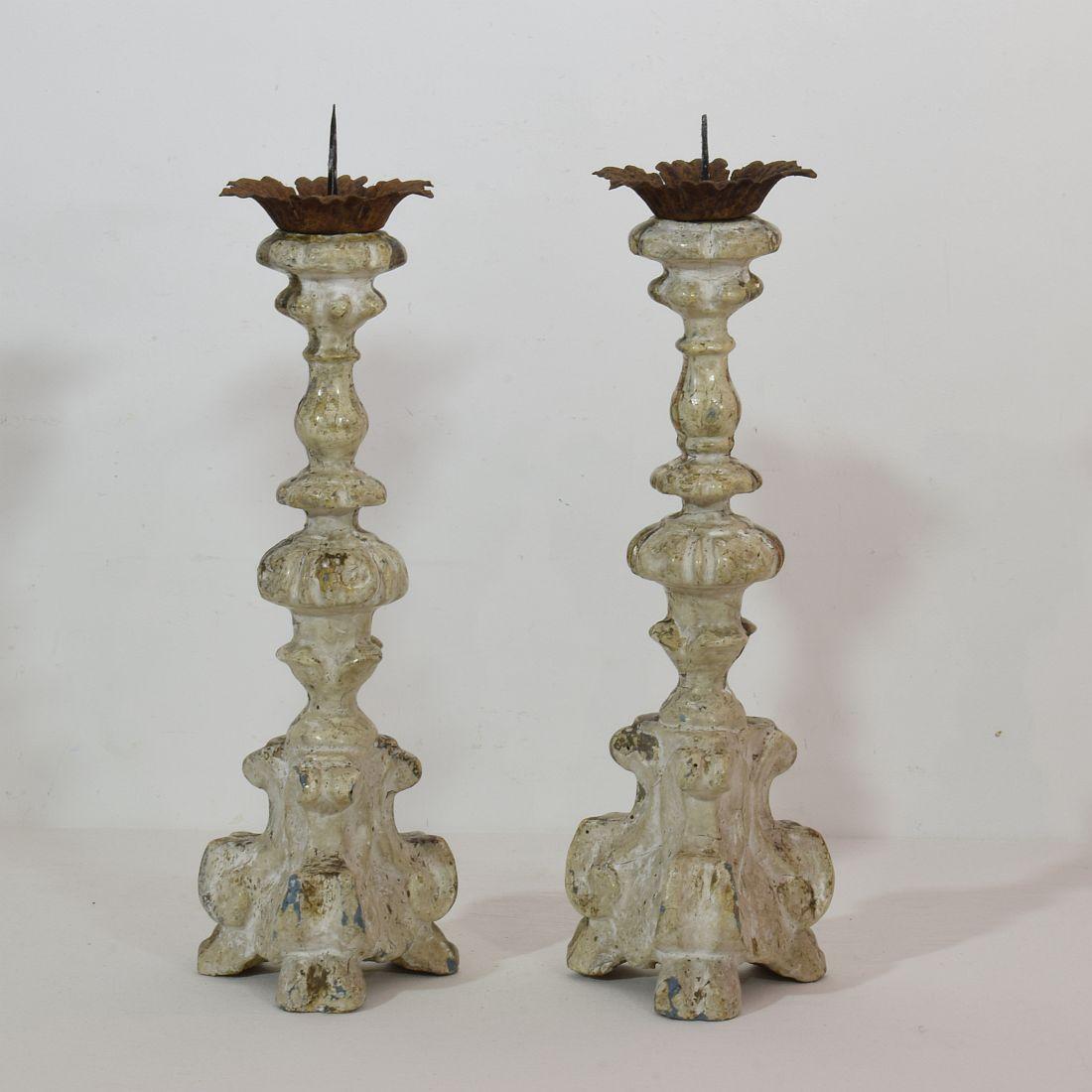 Couple of 18th Century Italian Baroque Silvered Candlesticks 1