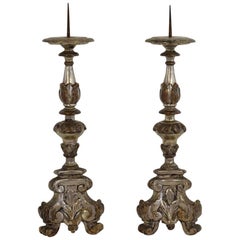 Couple of 18th Century Italian Baroque Silvered Candlesticks