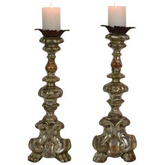 Couple of 18th Century Italian Baroque Silvered Candlesticks