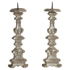 Couple of 18th Century Italian Baroque Silvered Candlesticks