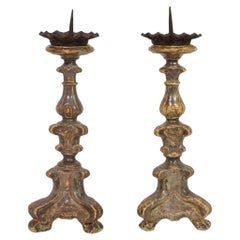 Couple of 18th Century Italian Baroque Silvered Candlesticks