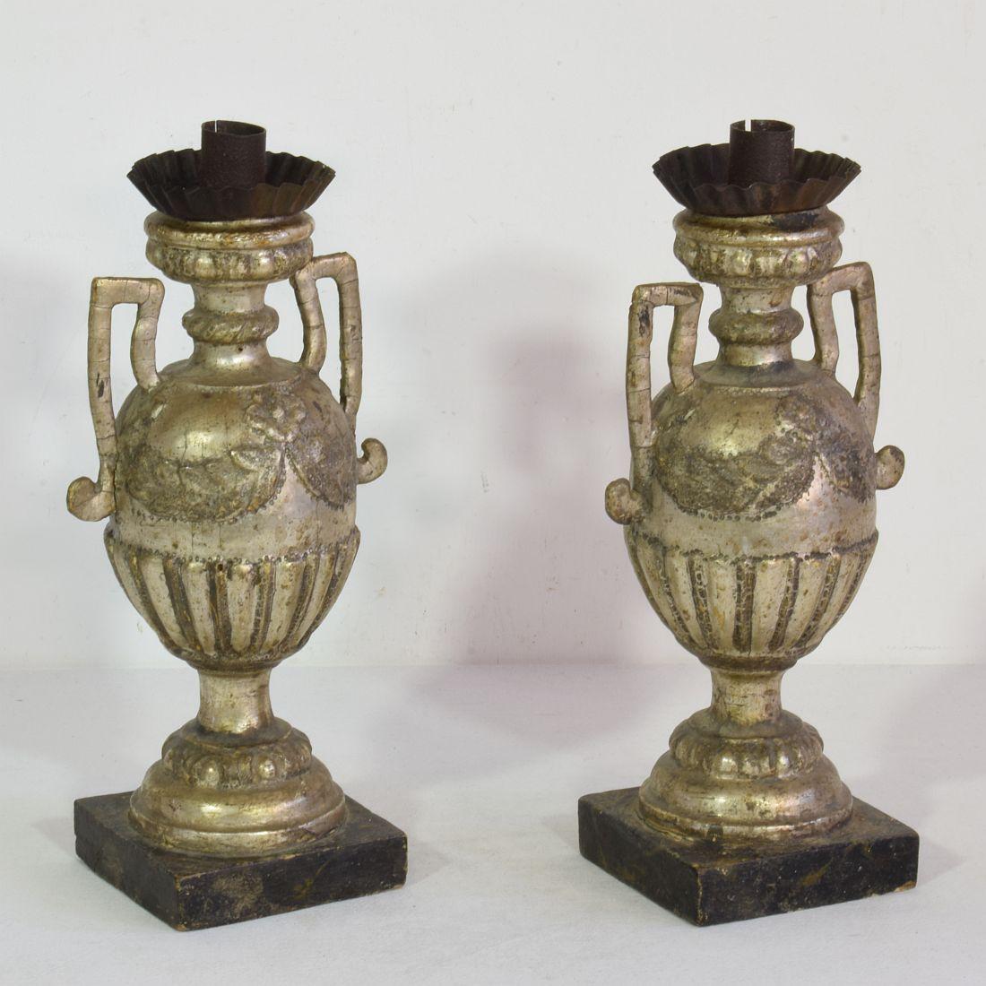 Iron Couple of 18th Century Italian Neoclassical Silvered Candlesticks For Sale