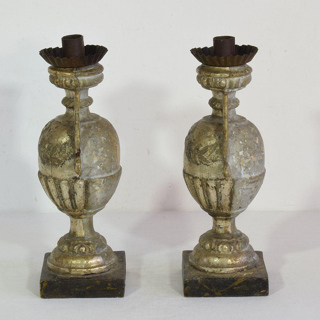 Couple of 18th Century Italian Neoclassical Silvered Candlesticks For Sale 3