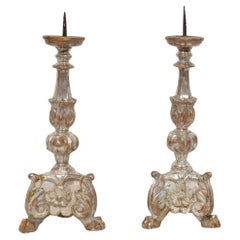 Couple of 18th Century Italian Neoclassical Silvered Wooden Candlesticks Couple of 18th Century Italian Neoclassical Silvered Wooden Candlesticks