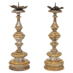 Couple of 18th Century Italian Neoclassical Silvered Wooden Candlesticks