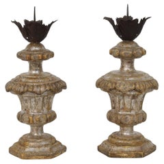 Couple of 18th Century Italian Neoclassical Silvered Wooden Candlesticks