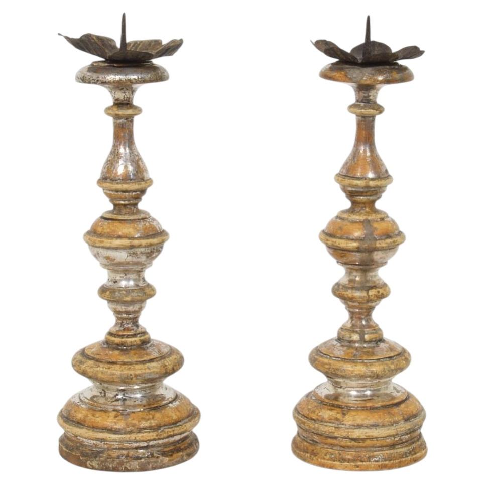 Couple of 18th Century Italian Neoclassical Silvered Wooden Candlesticks
