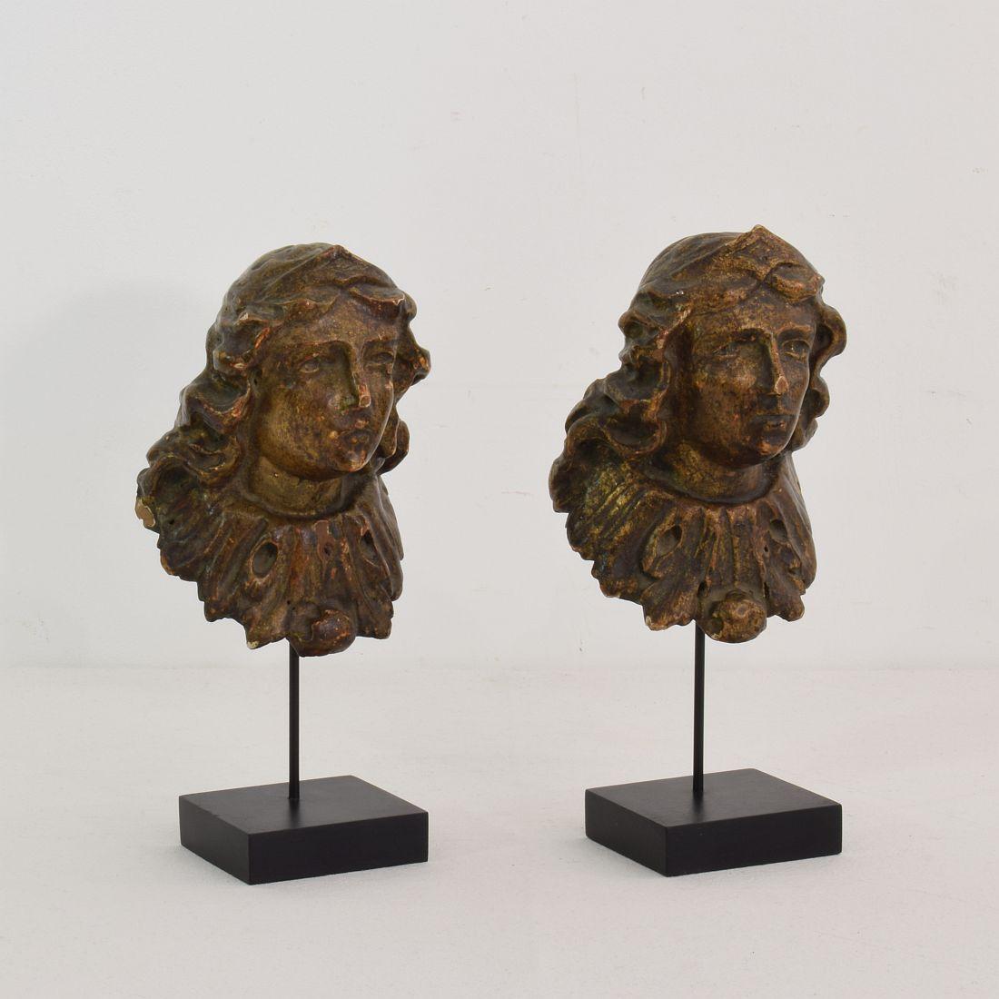 Hand-Carved Couple of 19th Century French Baroque Style Carved Wooden Busts