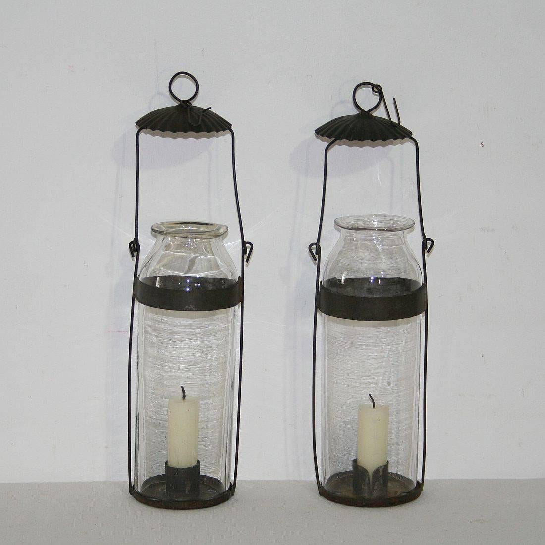 Beautiful couple of rare glass lanterns. Lyon, France, circa 1900, in good but weathered condition.