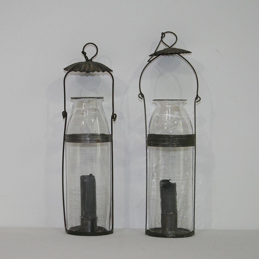 Beautiful couple of rare glass lanterns. Lyon, France, circa 1900, in good but weathered condition.