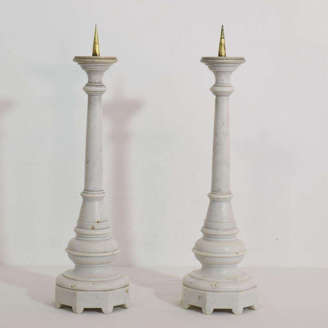 Gothic Revival Couple of 19th Century French White Marble Candlesticks