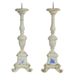 Couple of 19th Century Italian Carved Wooden Candleholders in Neoclassical Style