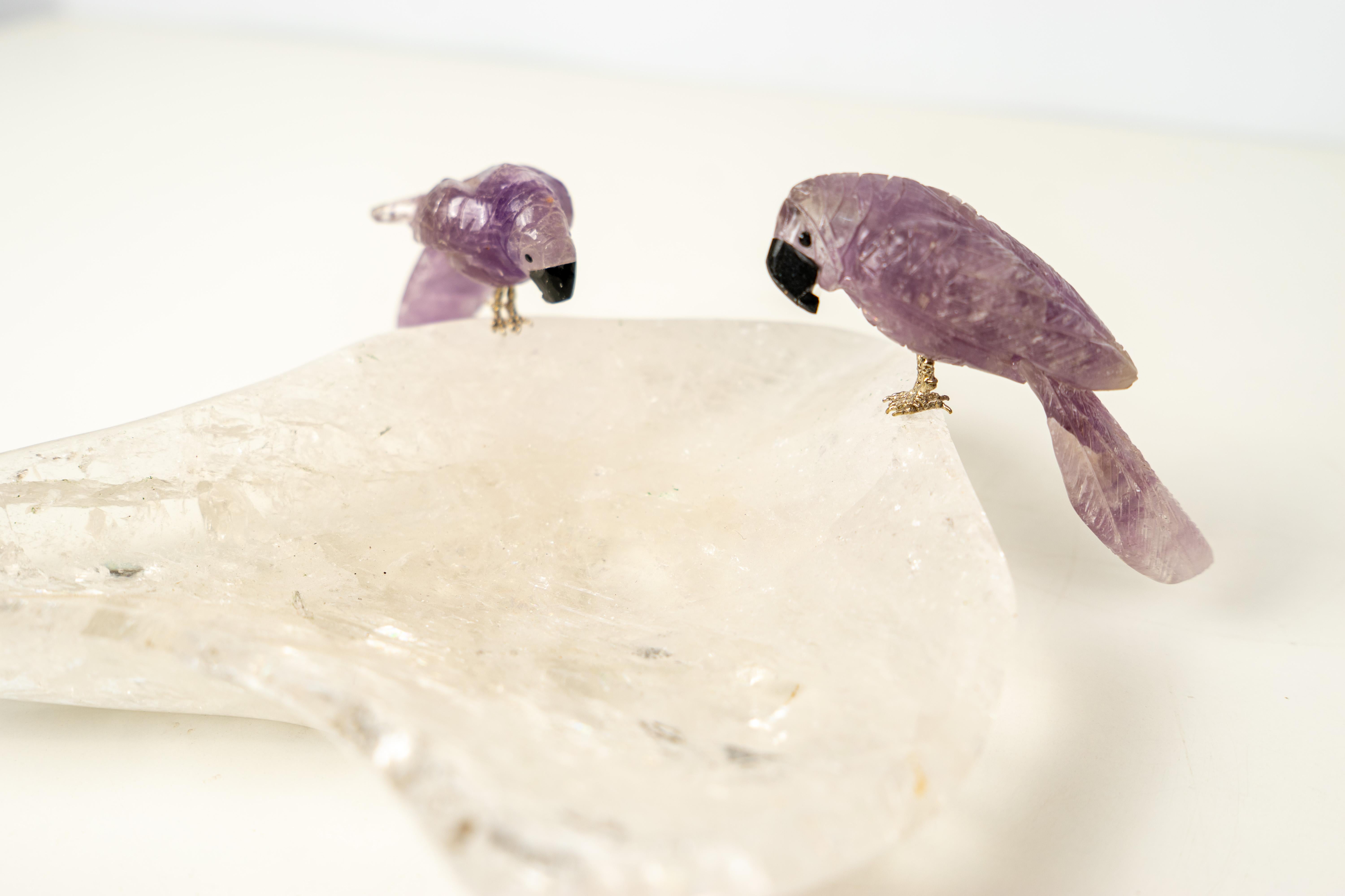 Couple of Amethyst Crystal Parrots on a Clear Quartz Bowl For Sale 5