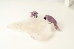 Couple of Amethyst Crystal Parrots on a Clear Quartz Bowl