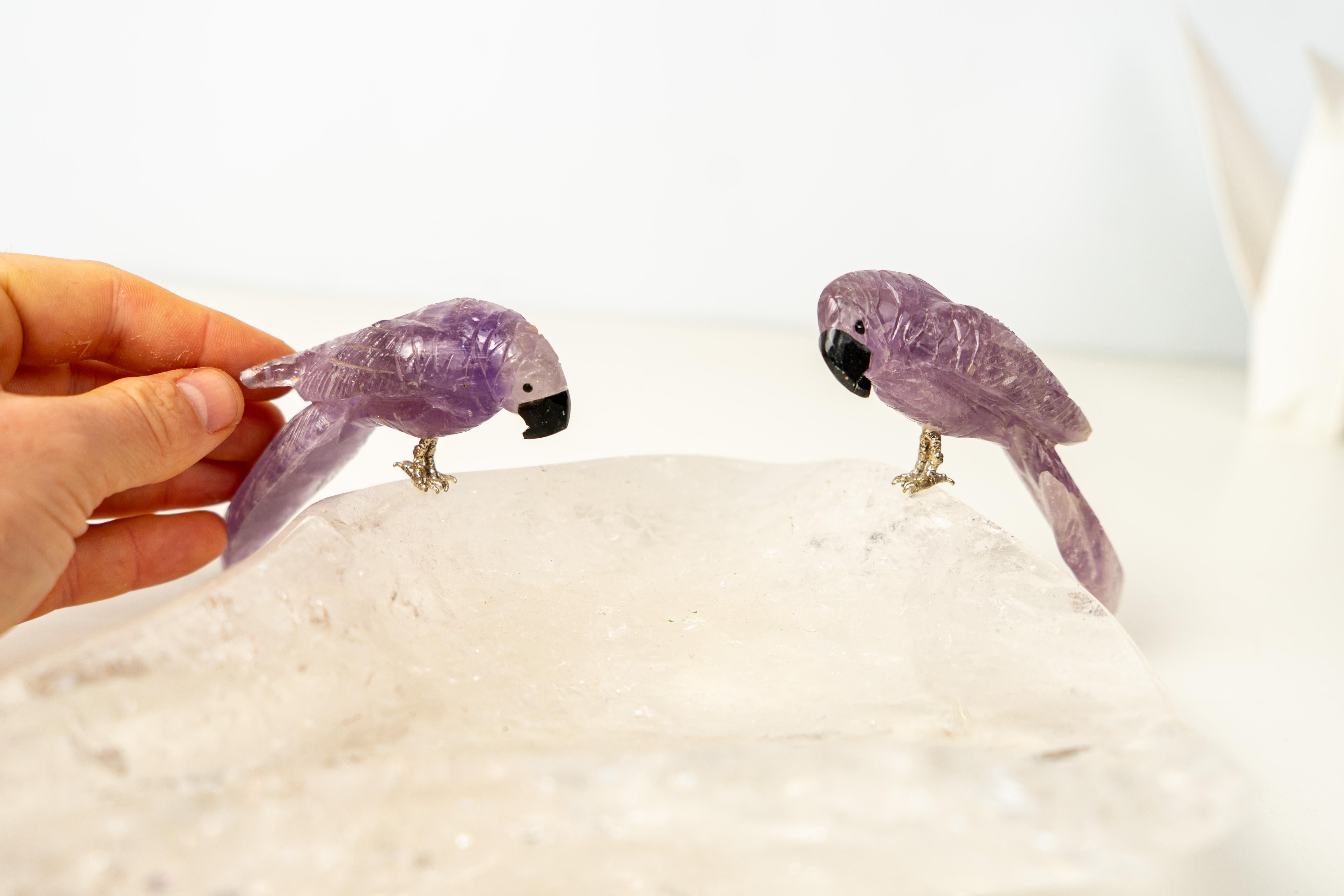 Brazilian Couple of Amethyst Crystal Parrots on a Clear Quartz Bowl For Sale