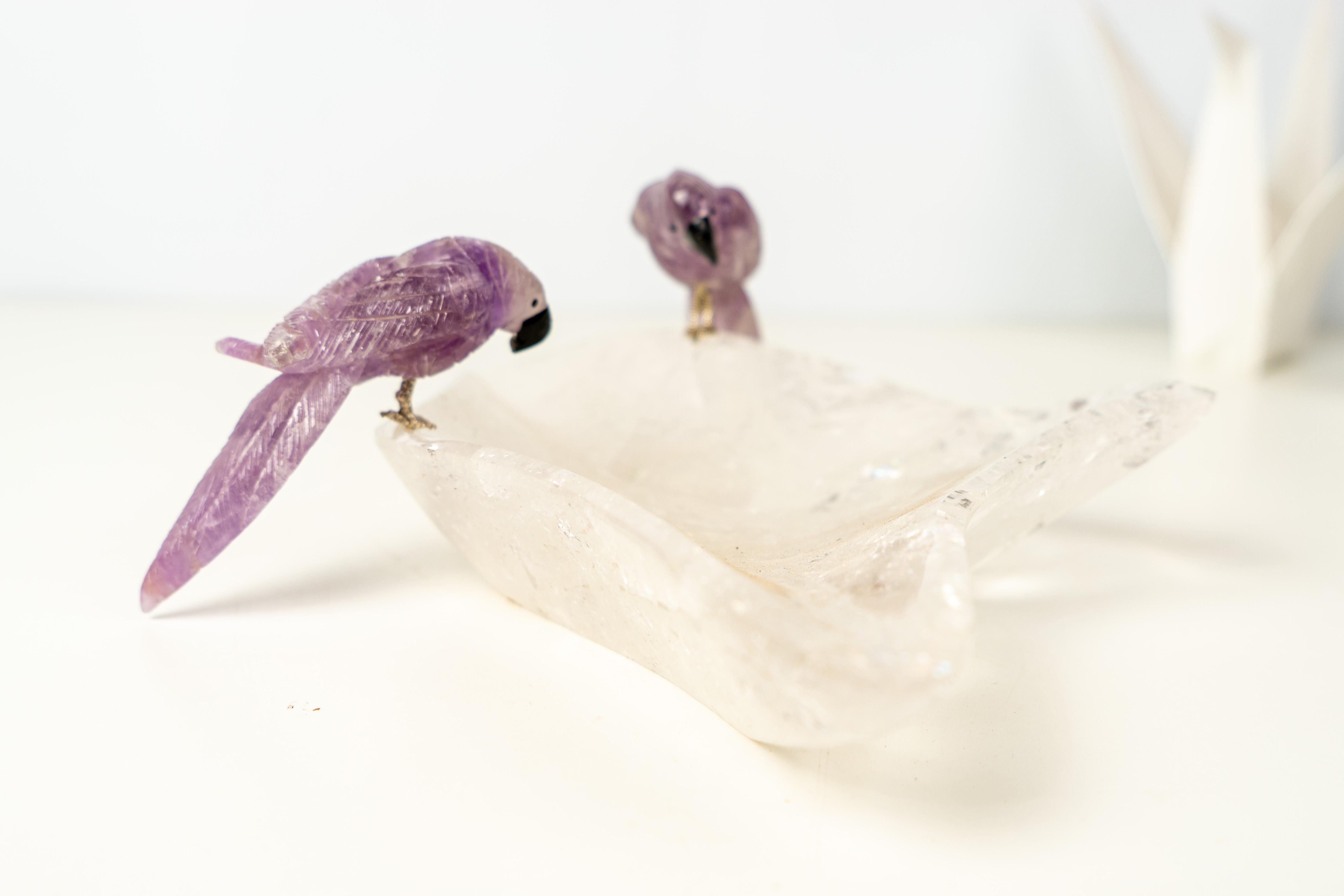 Contemporary Couple of Amethyst Crystal Parrots on a Clear Quartz Bowl For Sale