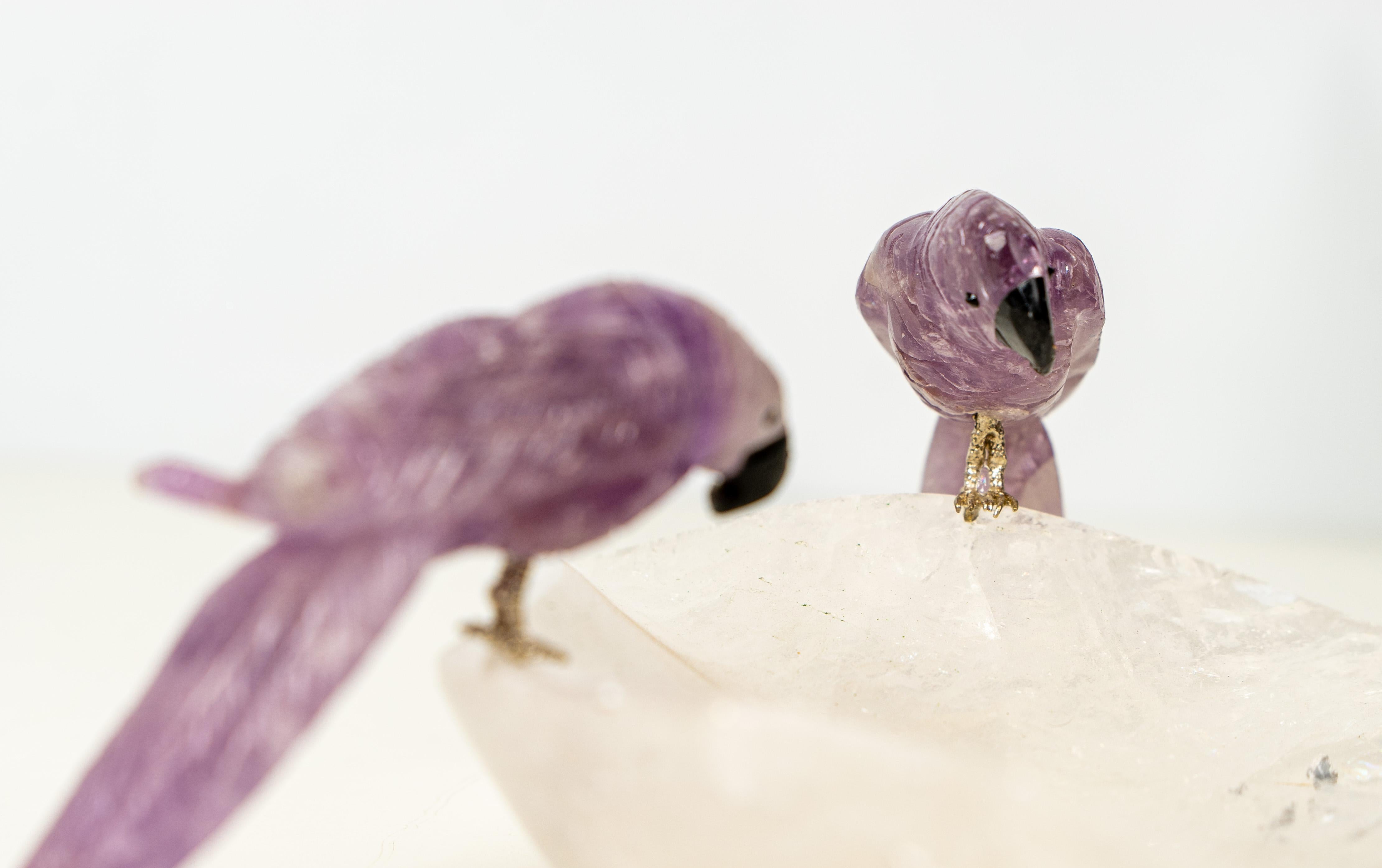 Couple of Amethyst Crystal Parrots on a Clear Quartz Bowl For Sale 1