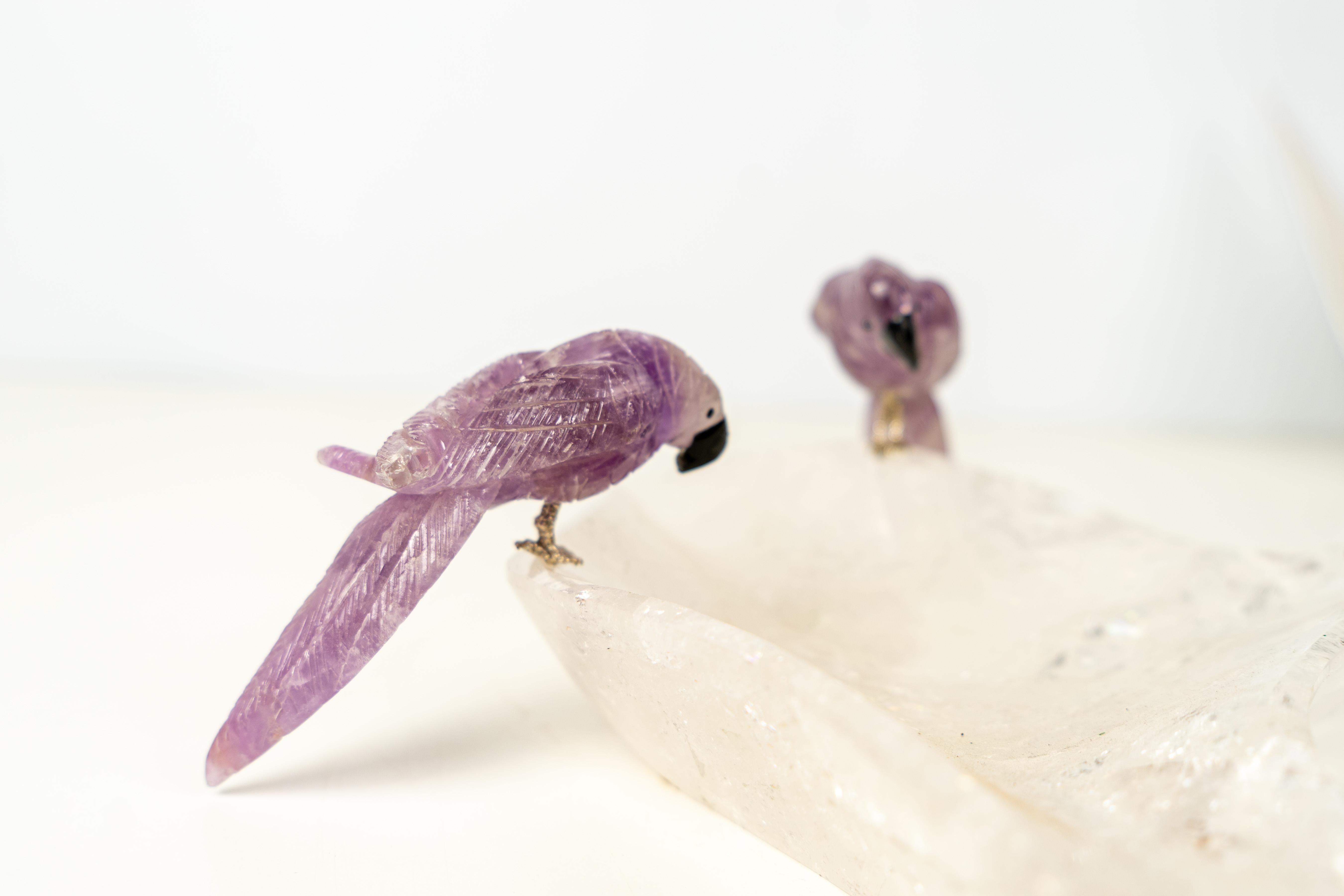 Couple of Amethyst Crystal Parrots on a Clear Quartz Bowl For Sale 2