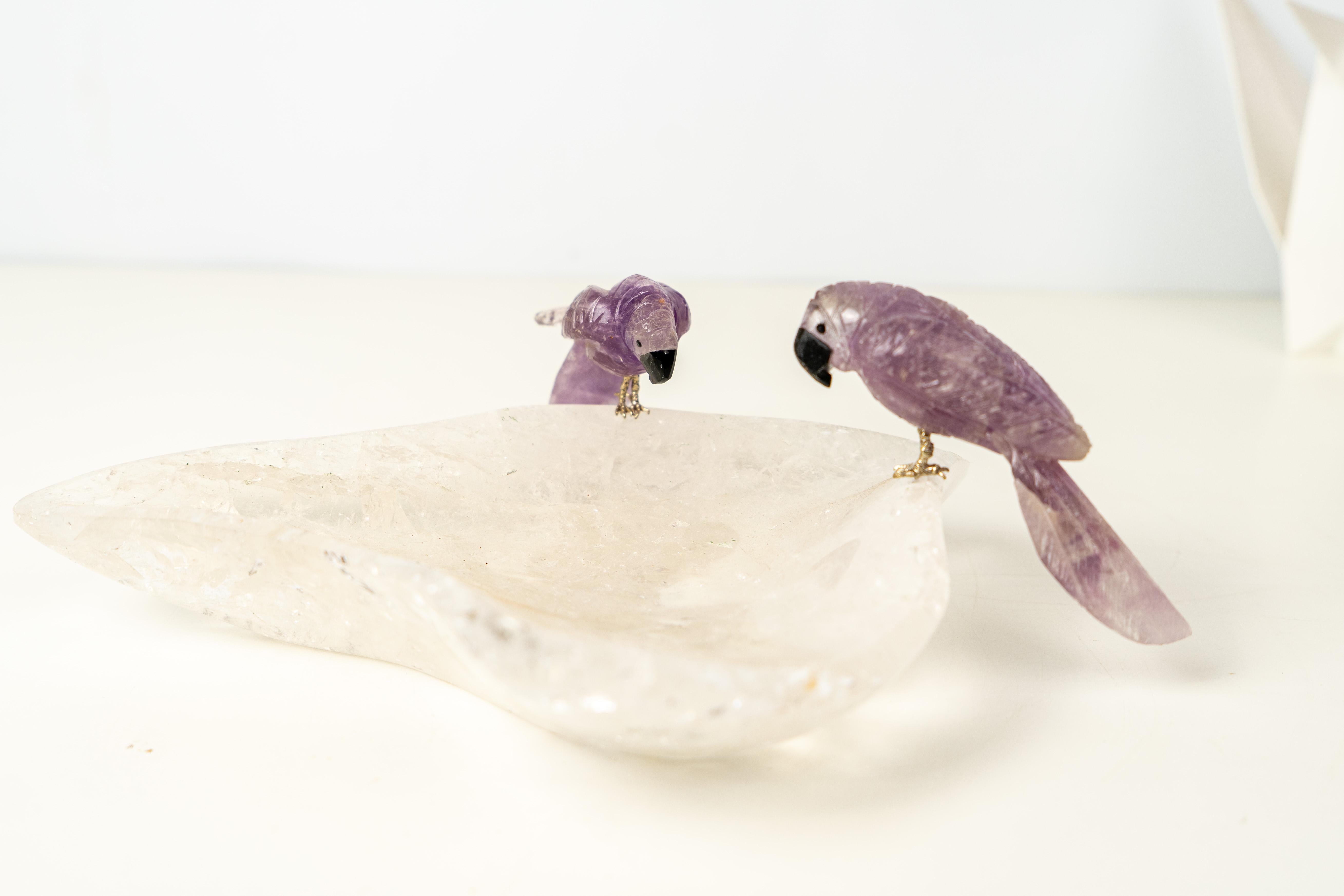 Couple of Amethyst Crystal Parrots on a Clear Quartz Bowl For Sale 3