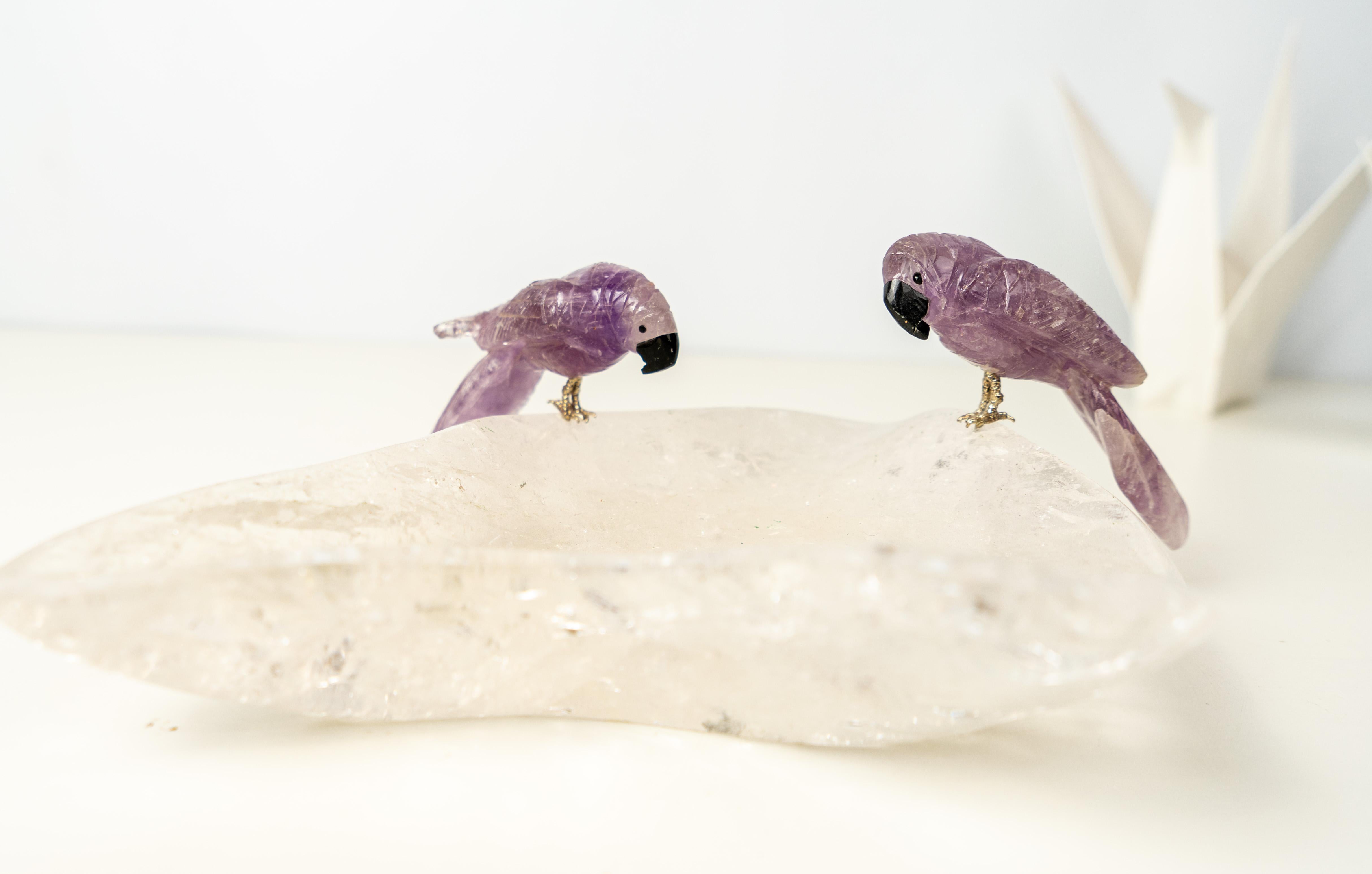 Couple of Amethyst Crystal Parrots on a Clear Quartz Bowl For Sale 4