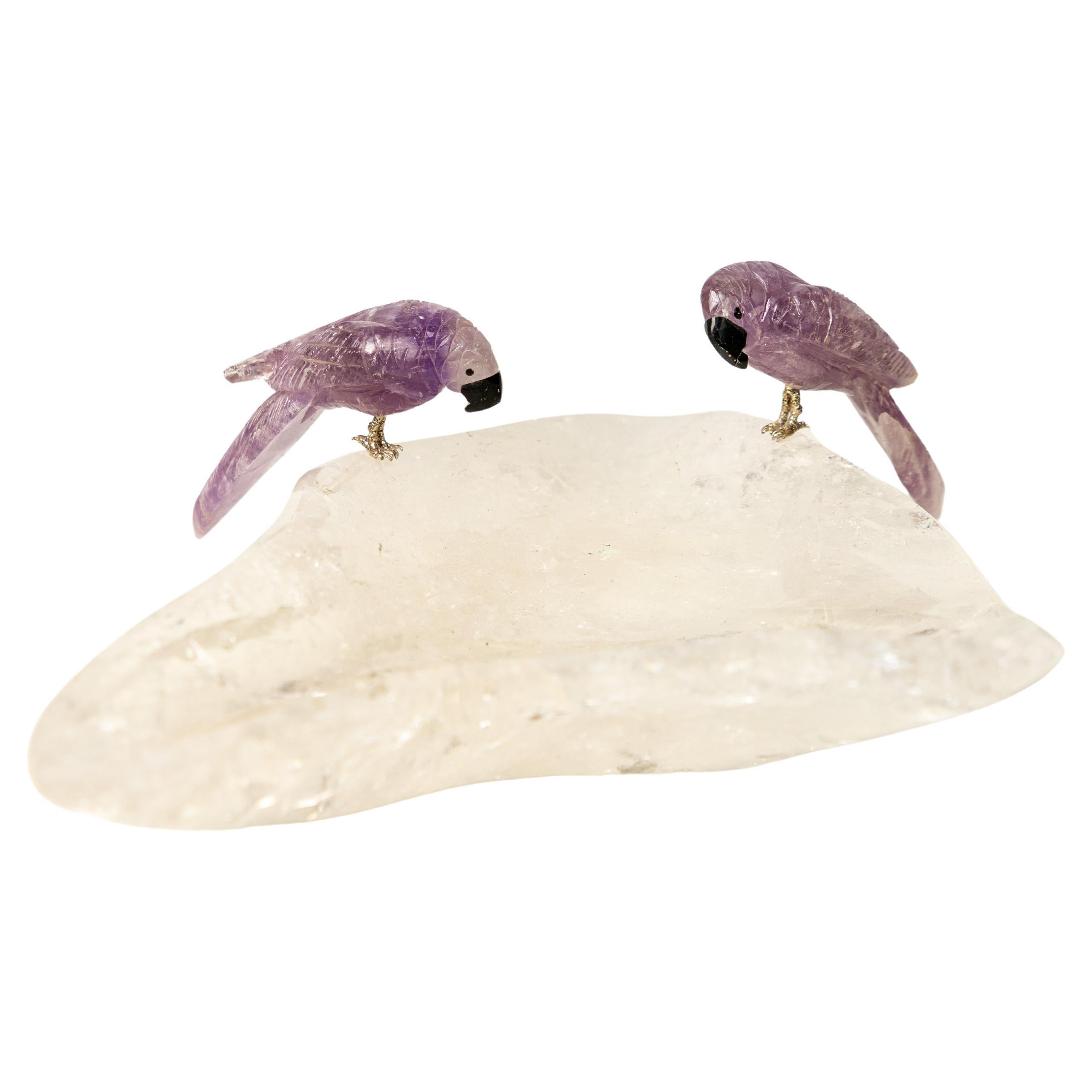 Couple of Amethyst Crystal Parrots on a Clear Quartz Bowl For Sale