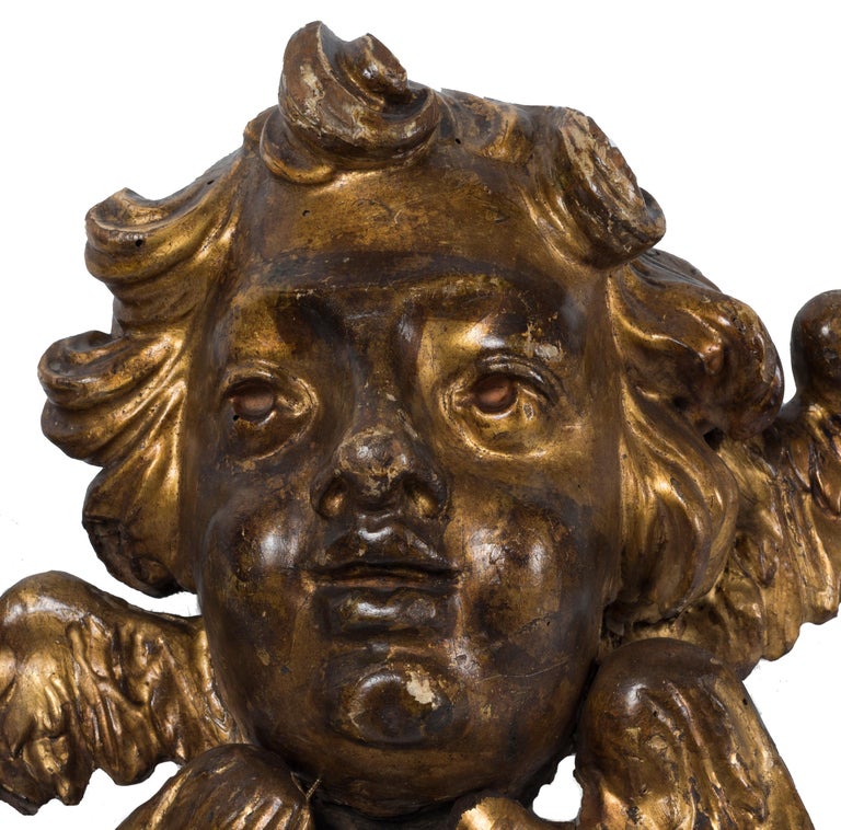 Pair of Ancient Wooden Gilded Angel Heads, 18th Century For Sale at 1stDibs