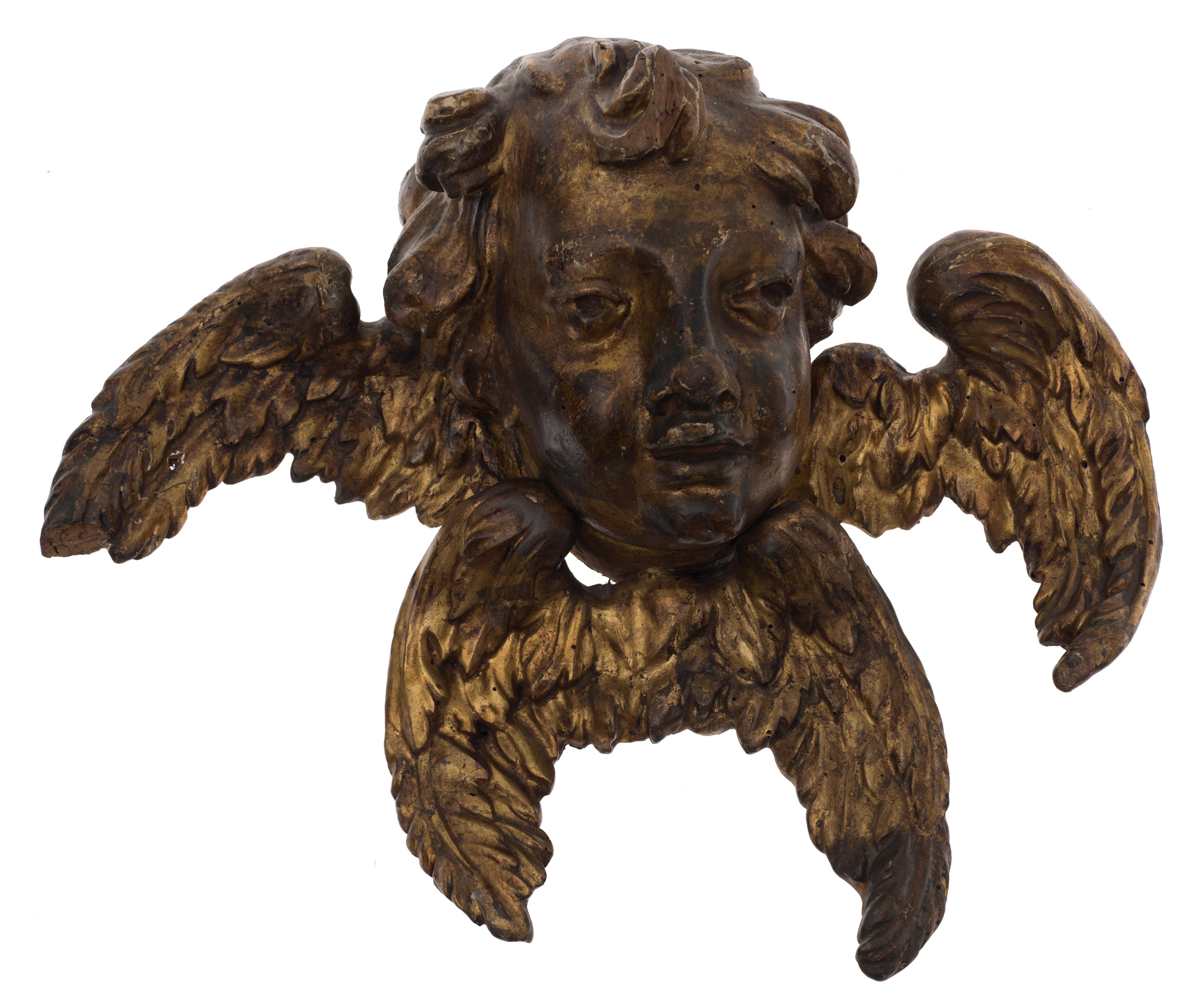 Carved Pair of Ancient Wooden Gilded Angel Heads, 18th Century For Sale