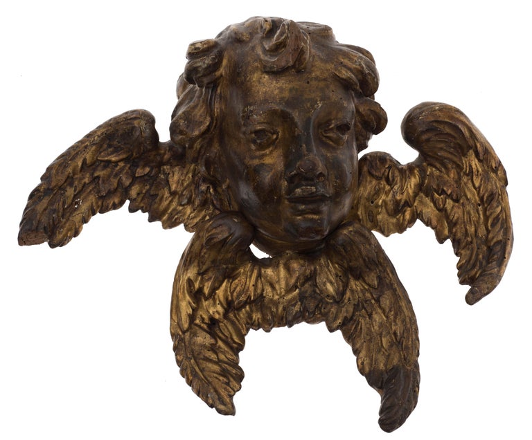 Pair of Ancient Wooden Gilded Angel Heads, 18th Century For Sale at 1stDibs