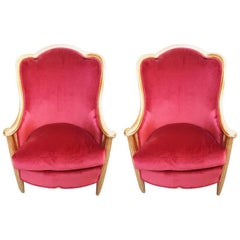 Antique Couple of Armchair, Red Velvet and Wood Painted Gold, France, 1930