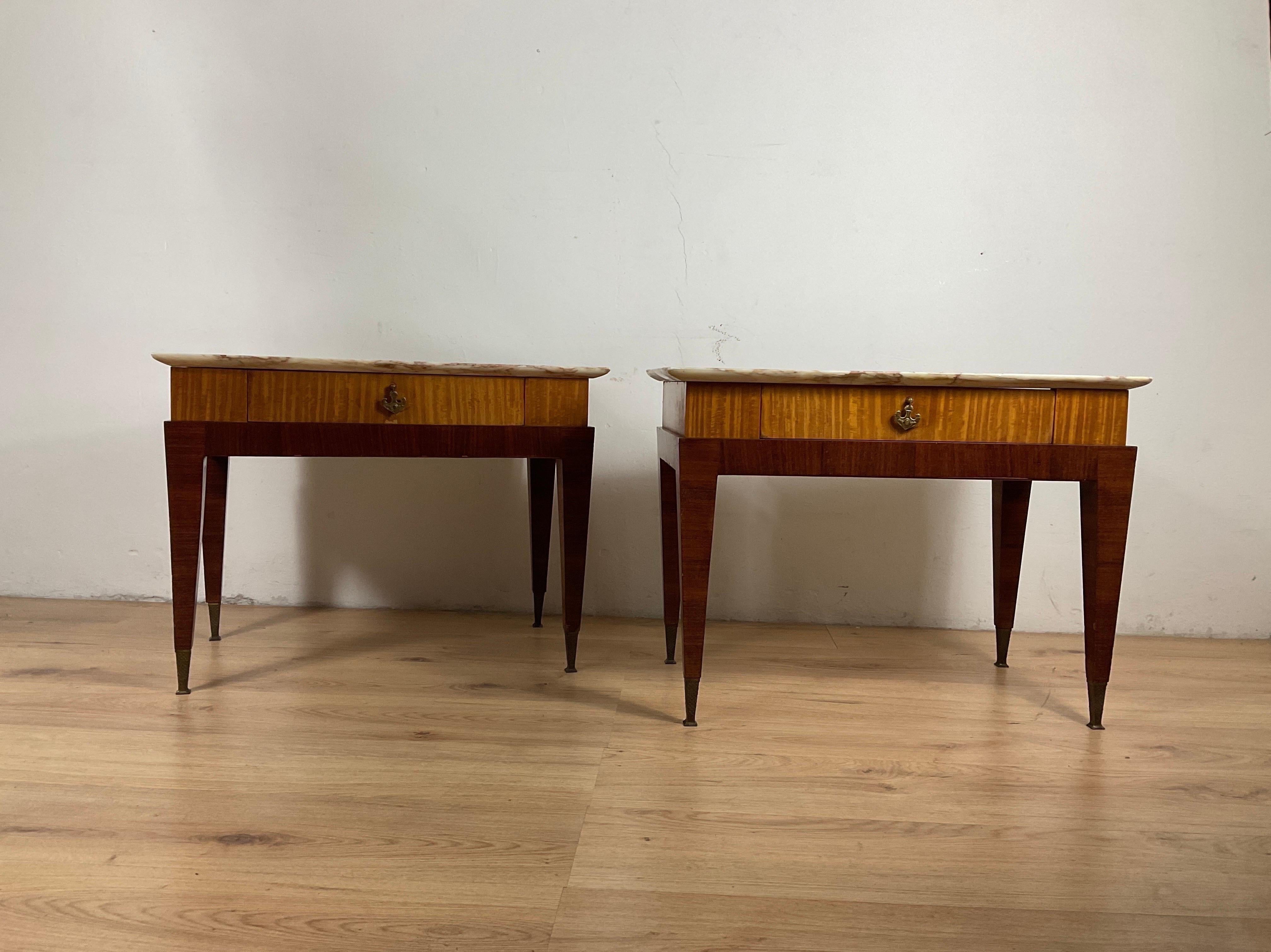 A pair of dogwood bedside tables with brass tips, marble top attributable to the famous Italian designer Paolo Buffa of the 1950s