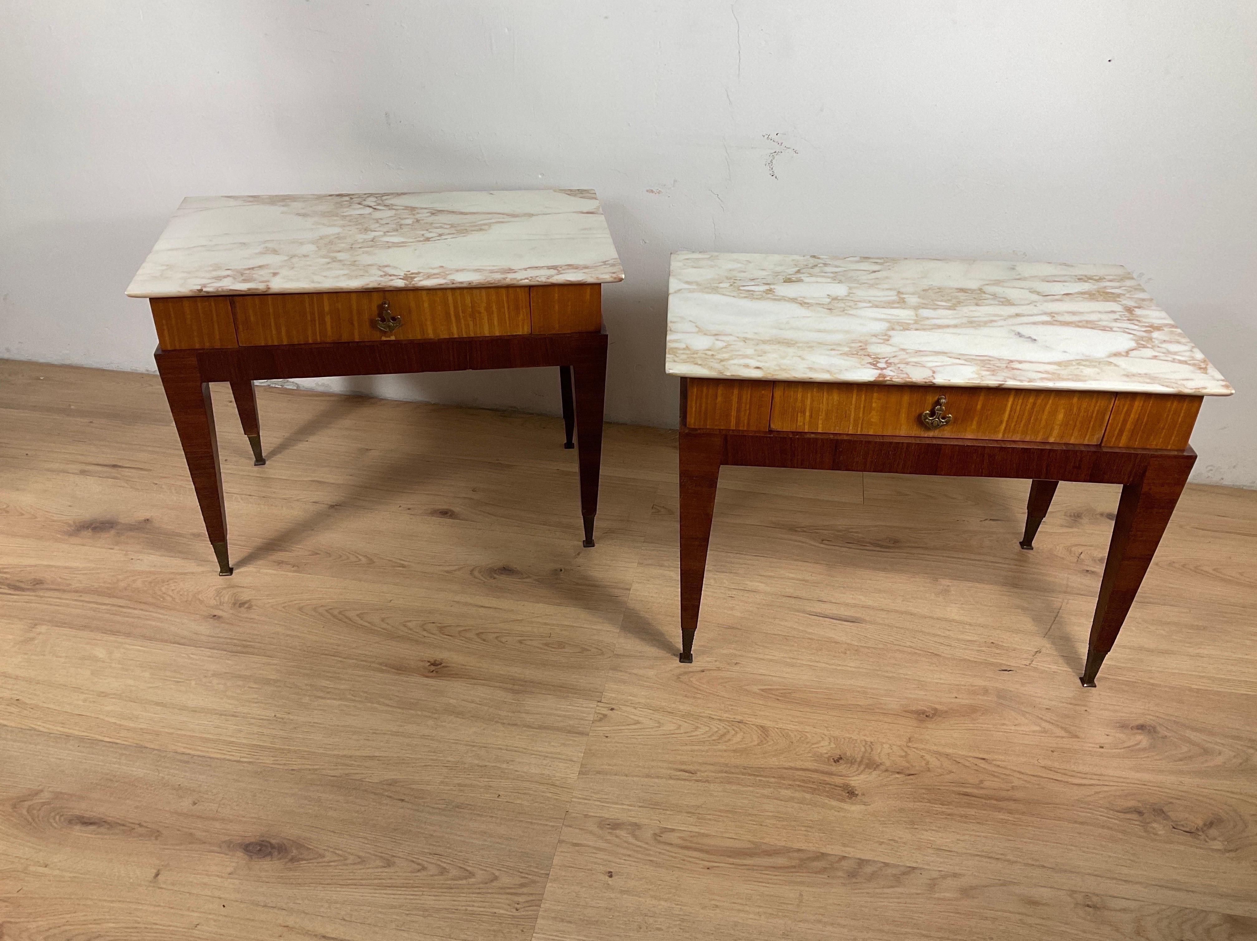 Italian Couple of Bedside Tables with Drawer and Marble Top by Paolo Buffa For Sale