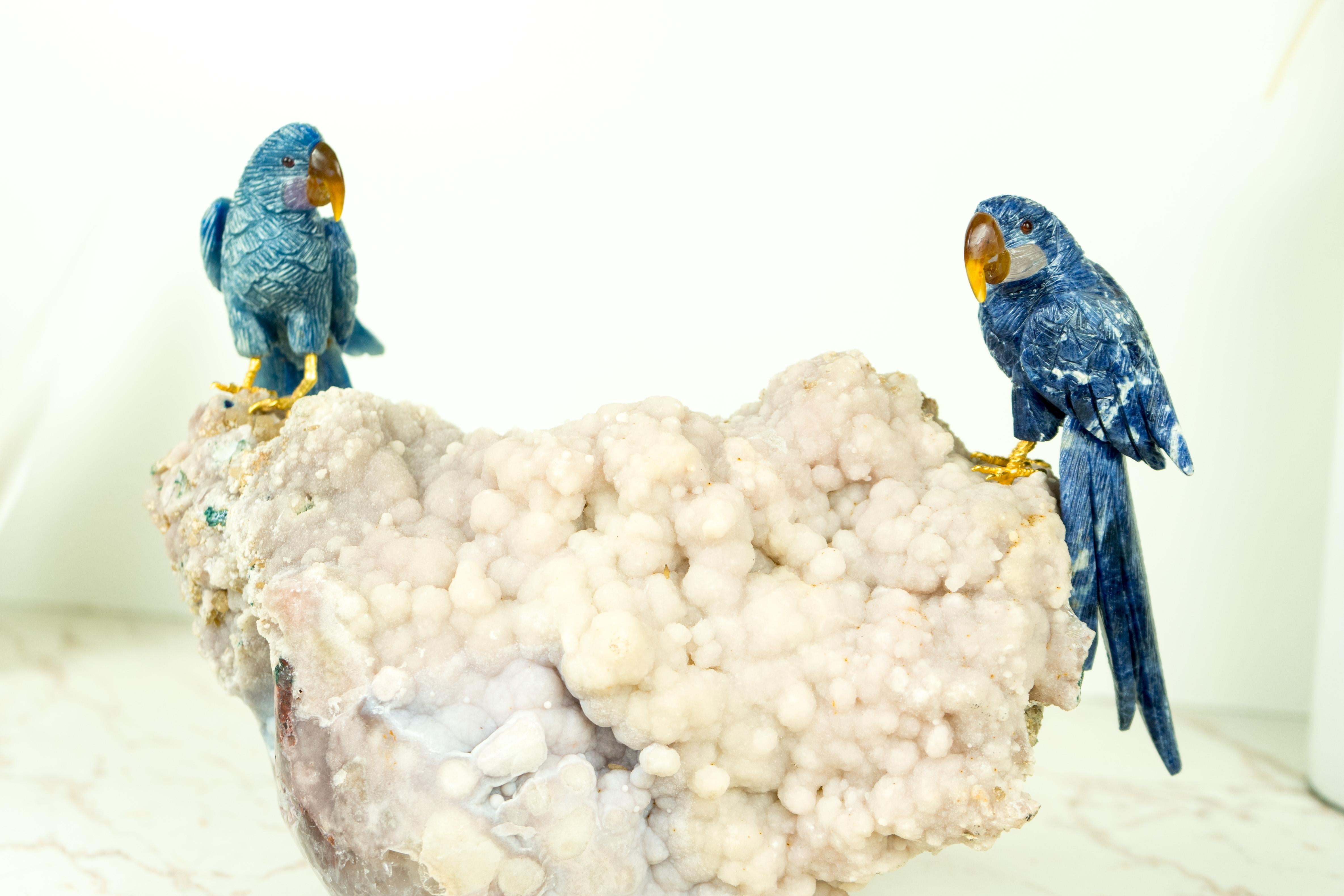 Brazilian Couple of Blue Quartz Parrots Sculpture by Venturini For Sale
