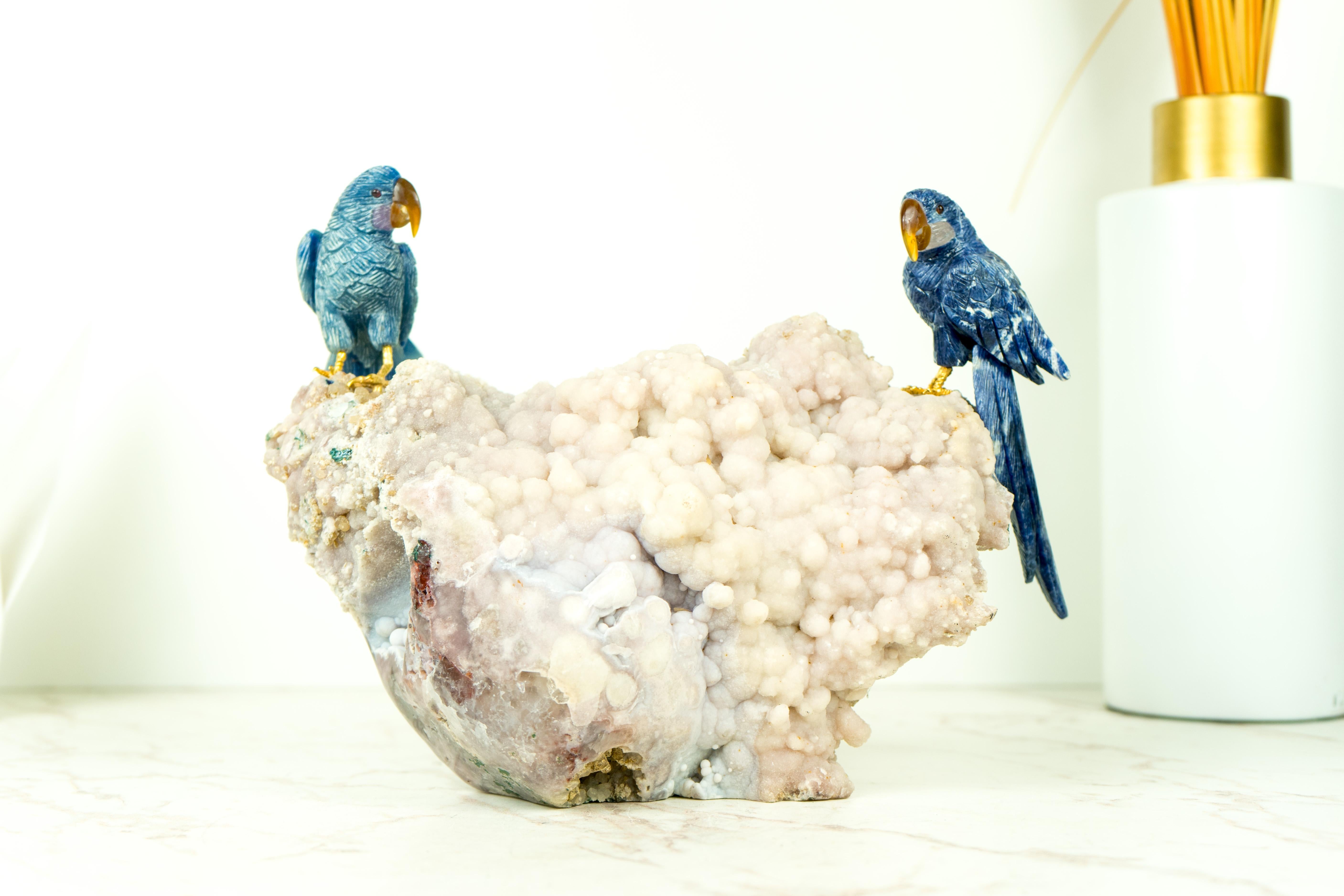 Brazilian Couple of Blue Quartz Parrots Sculpture by Venturini