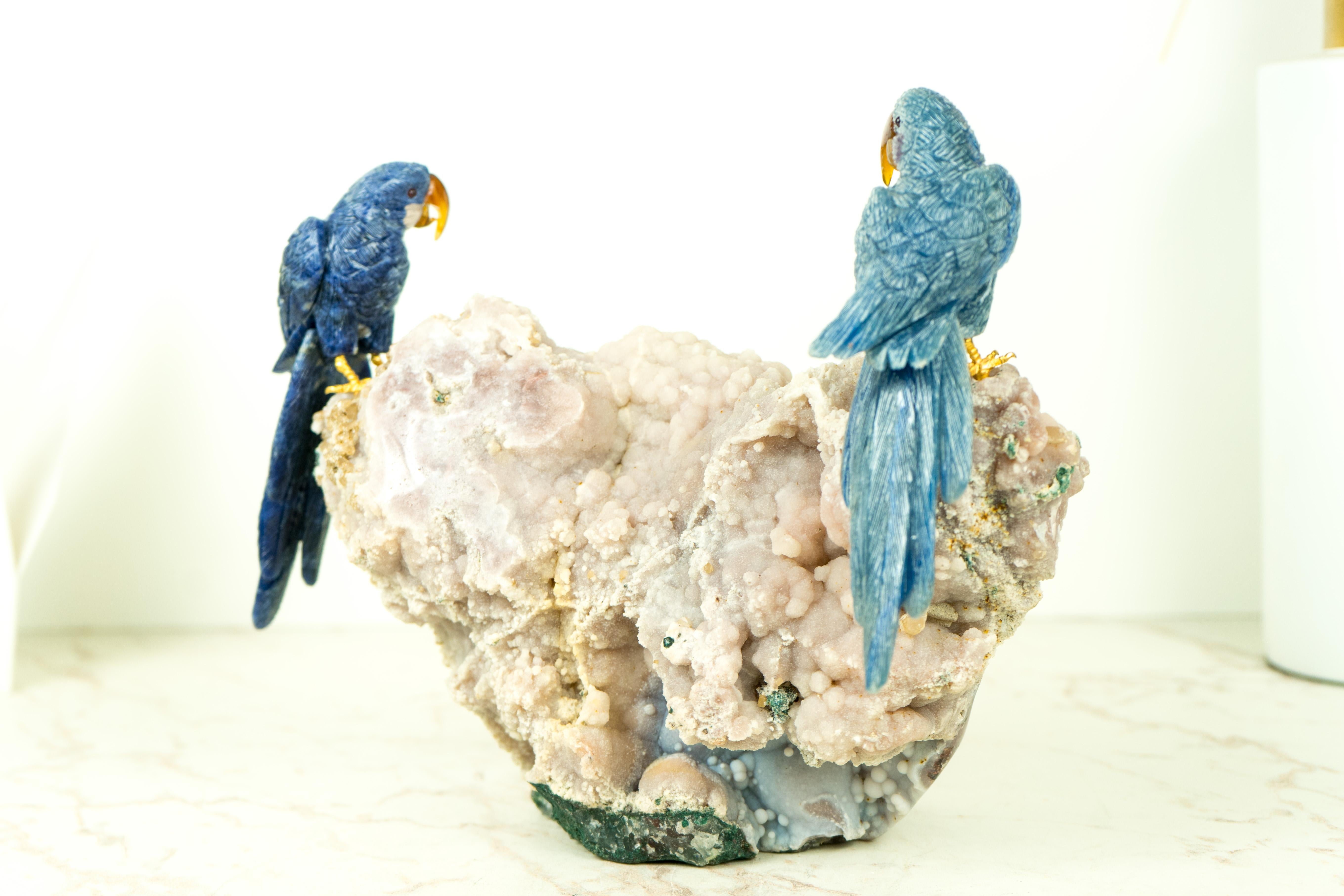 Agate Couple of Blue Quartz Parrots Sculpture by Venturini For Sale