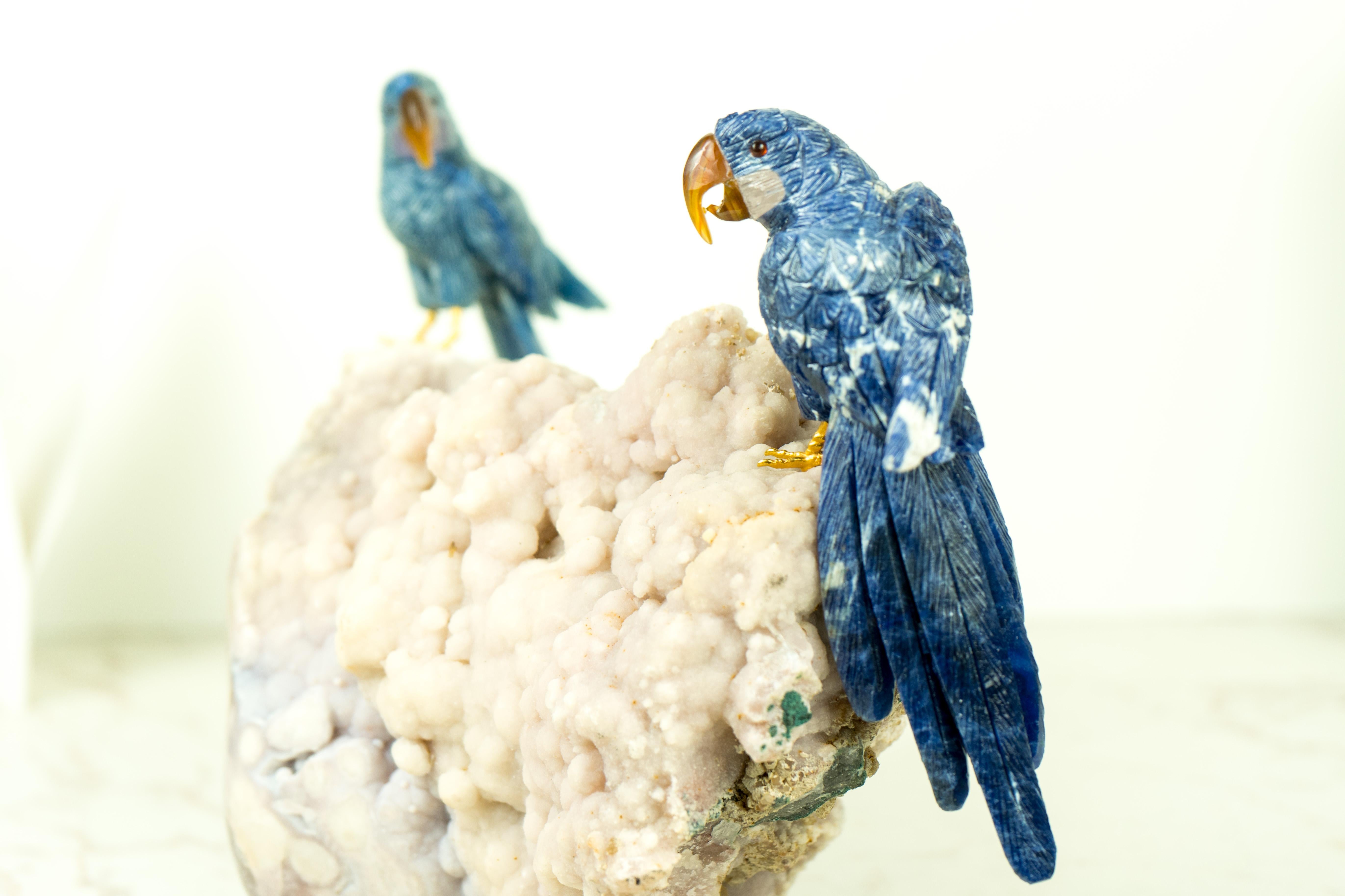 Couple of Blue Quartz Parrots Sculpture by Venturini For Sale 1