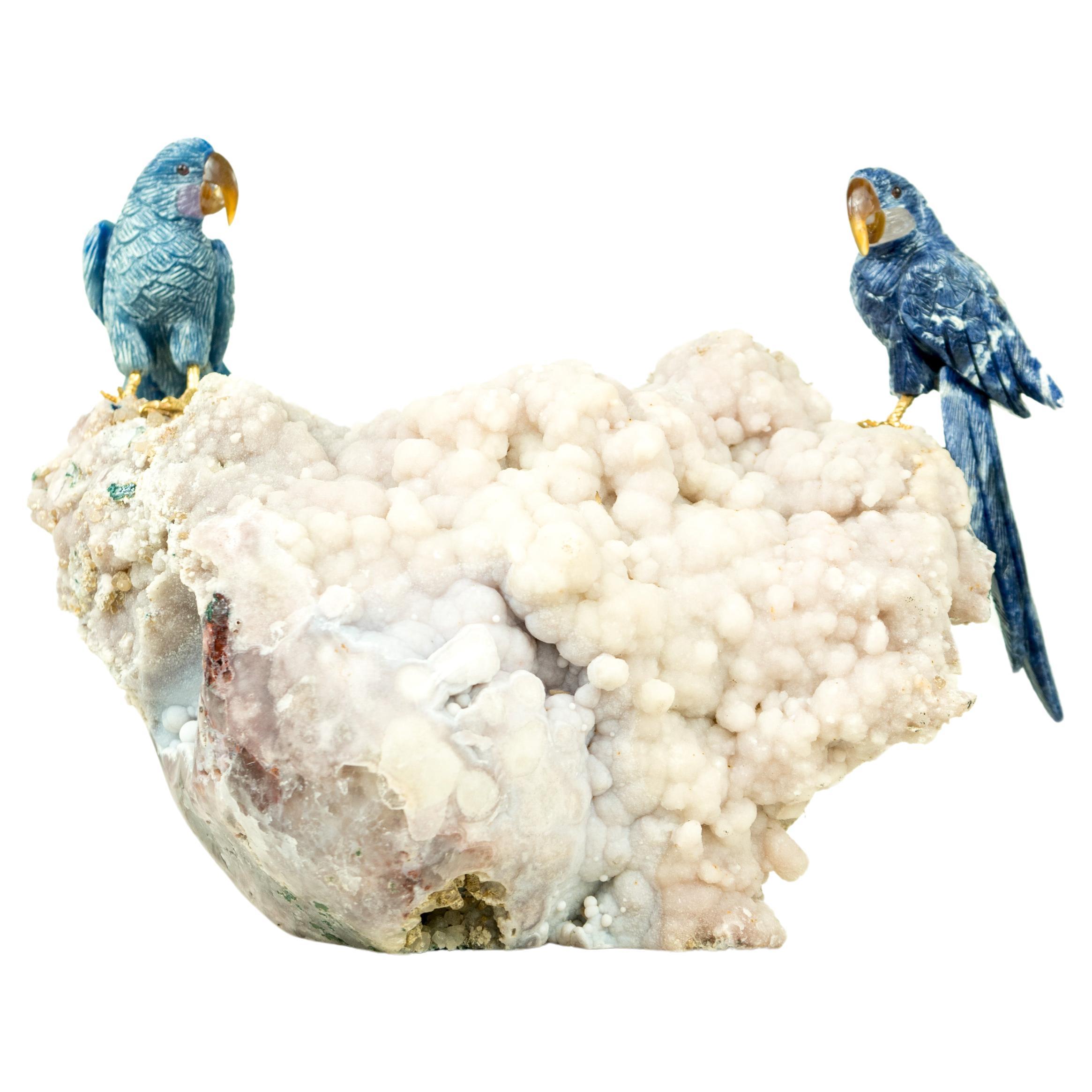 Couple of Blue Quartz Parrots Sculpture by Venturini For Sale