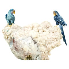 Couple of Blue Quartz Parrots Sculpture by Venturini