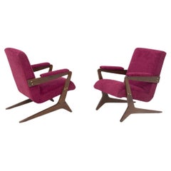 Couple of Brazilian Vintage Armchairs in Red Velvet and Wood