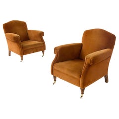 Antique Couple of Brown Velvet English Style Armchairs