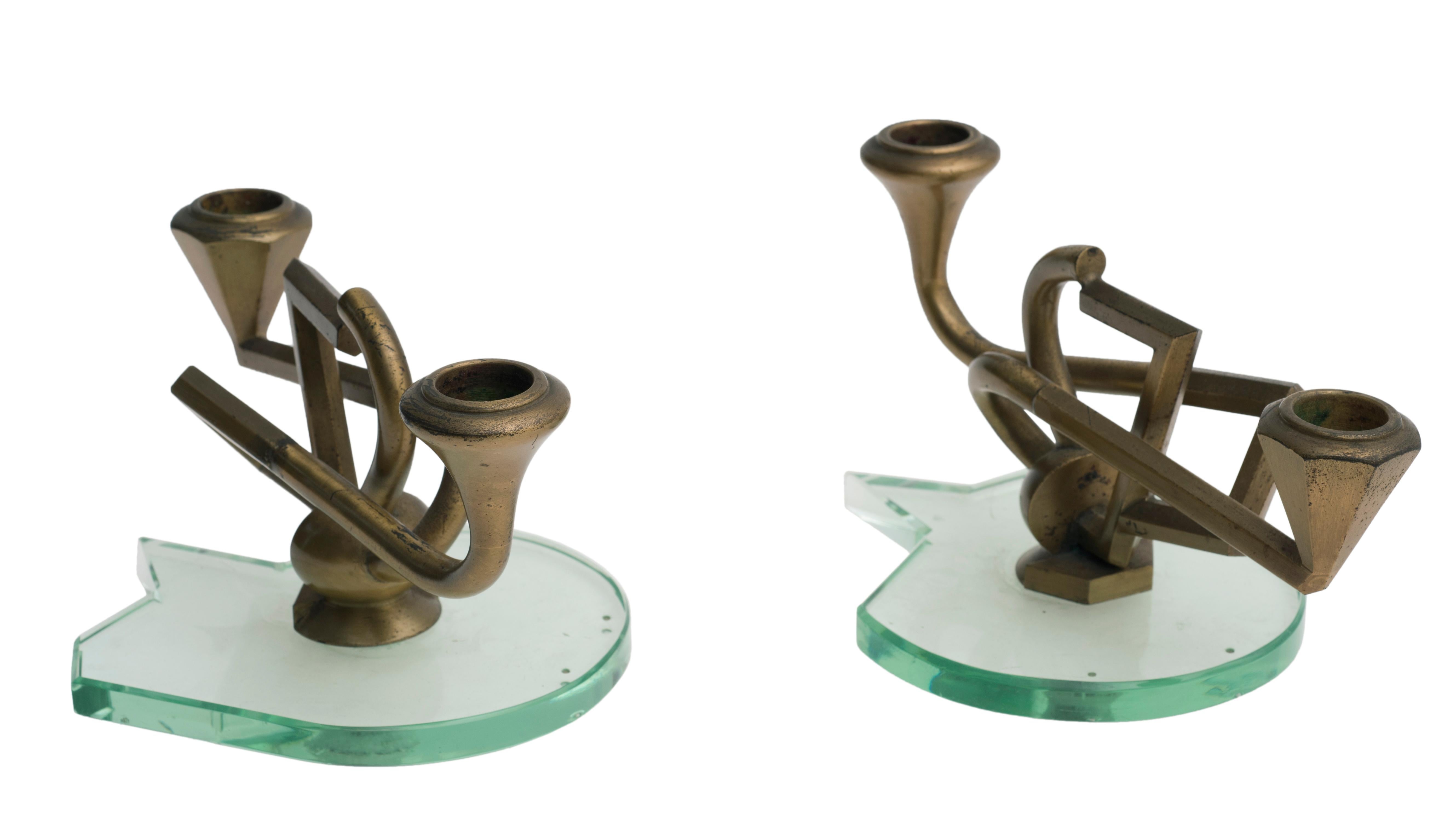 Mid-20th Century Pair of Candleholders in Brass and Crystal, Italian Production, 1950s For Sale