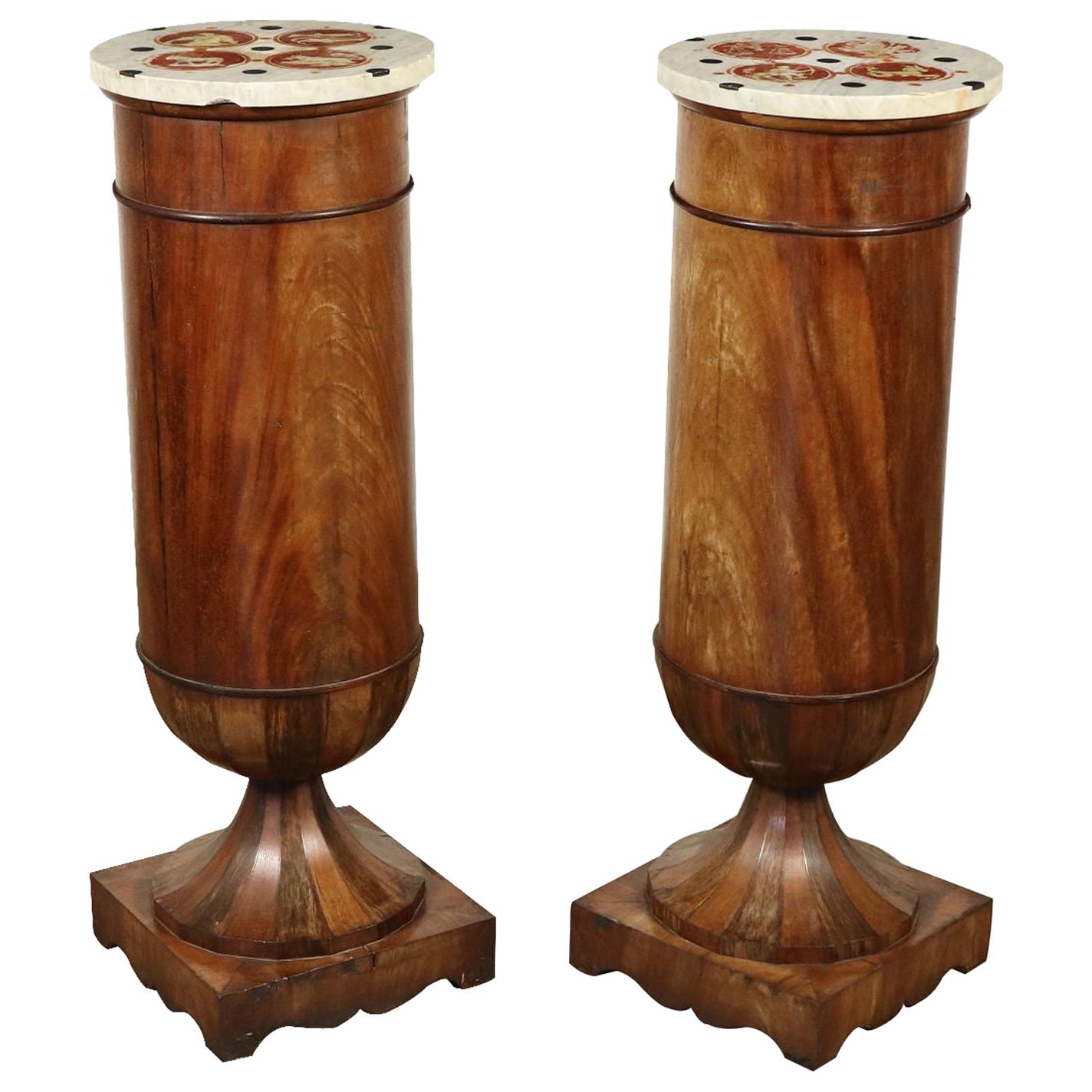 Couple of Columns with Marble Counters Mahogany, Italy, 19th Century