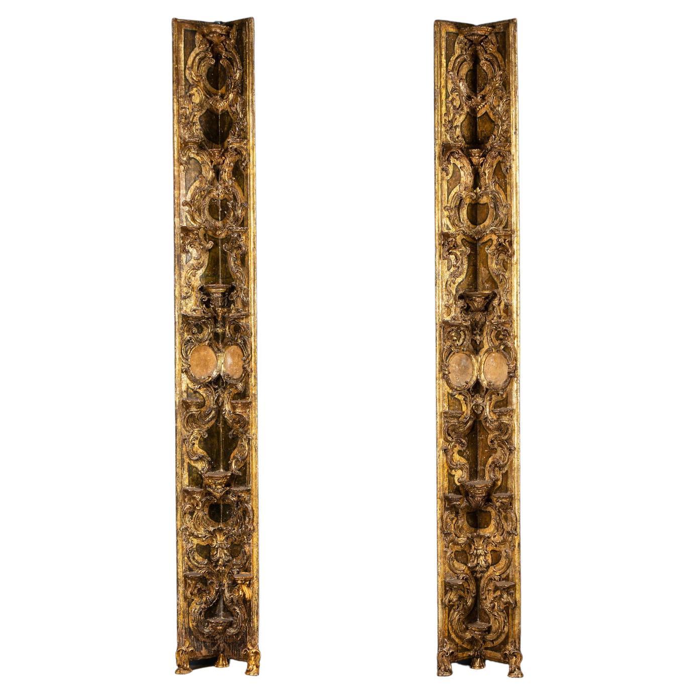 Couple of Corner Pilasters with Ceramic Carved Wood, Italy, 18th Century For Sale