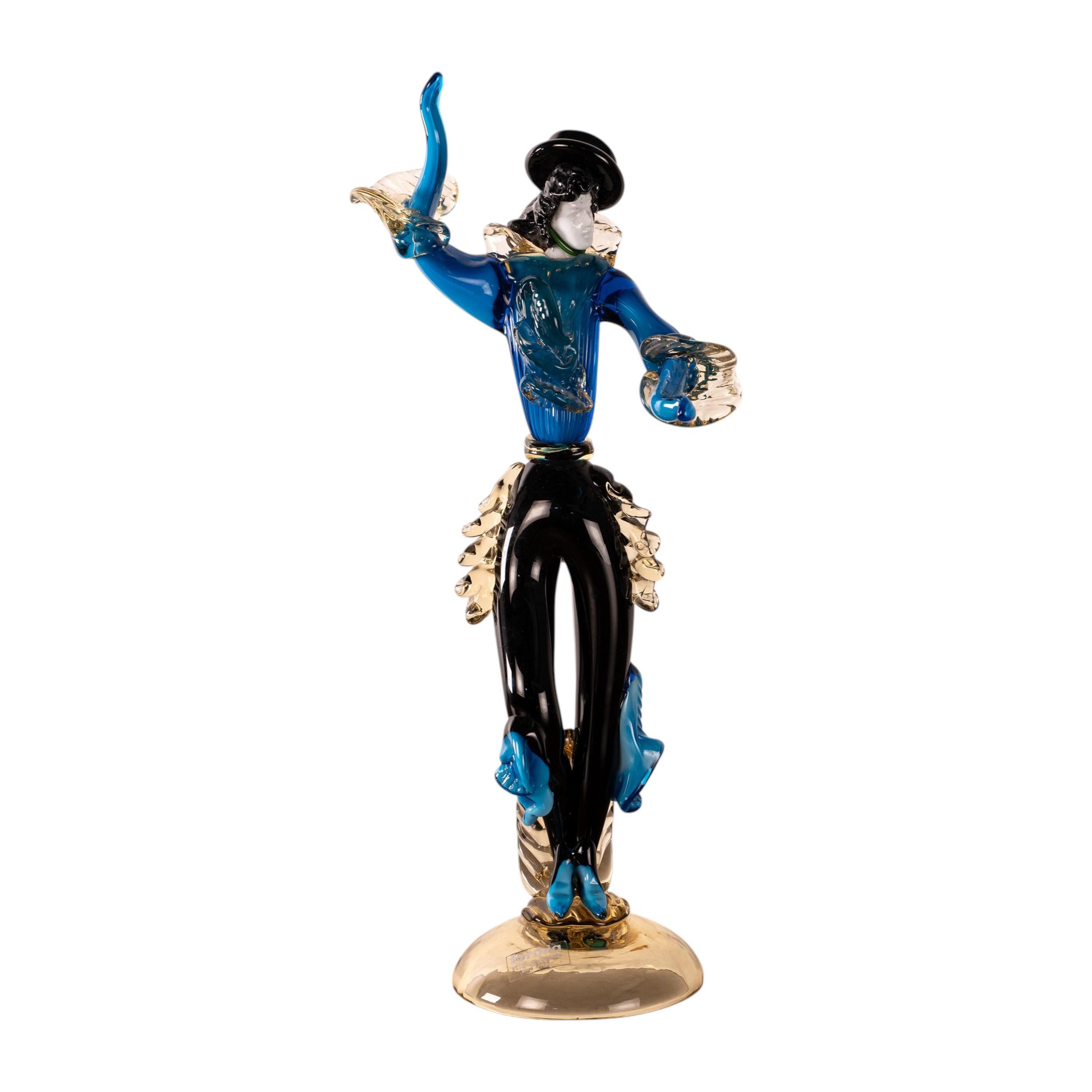 Italian Couple of dancers Sculpture in Blue and Black Murano glass, Italy in stock For Sale