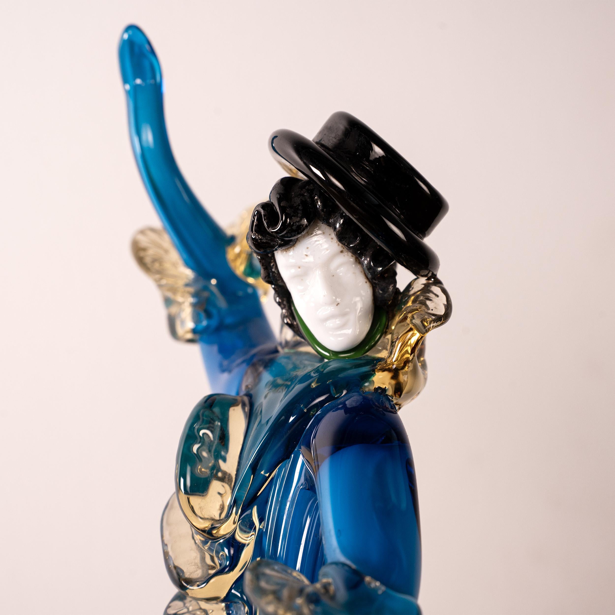 Hand-Crafted Couple of dancers Sculpture in Blue and Black Murano glass, Italy in stock For Sale