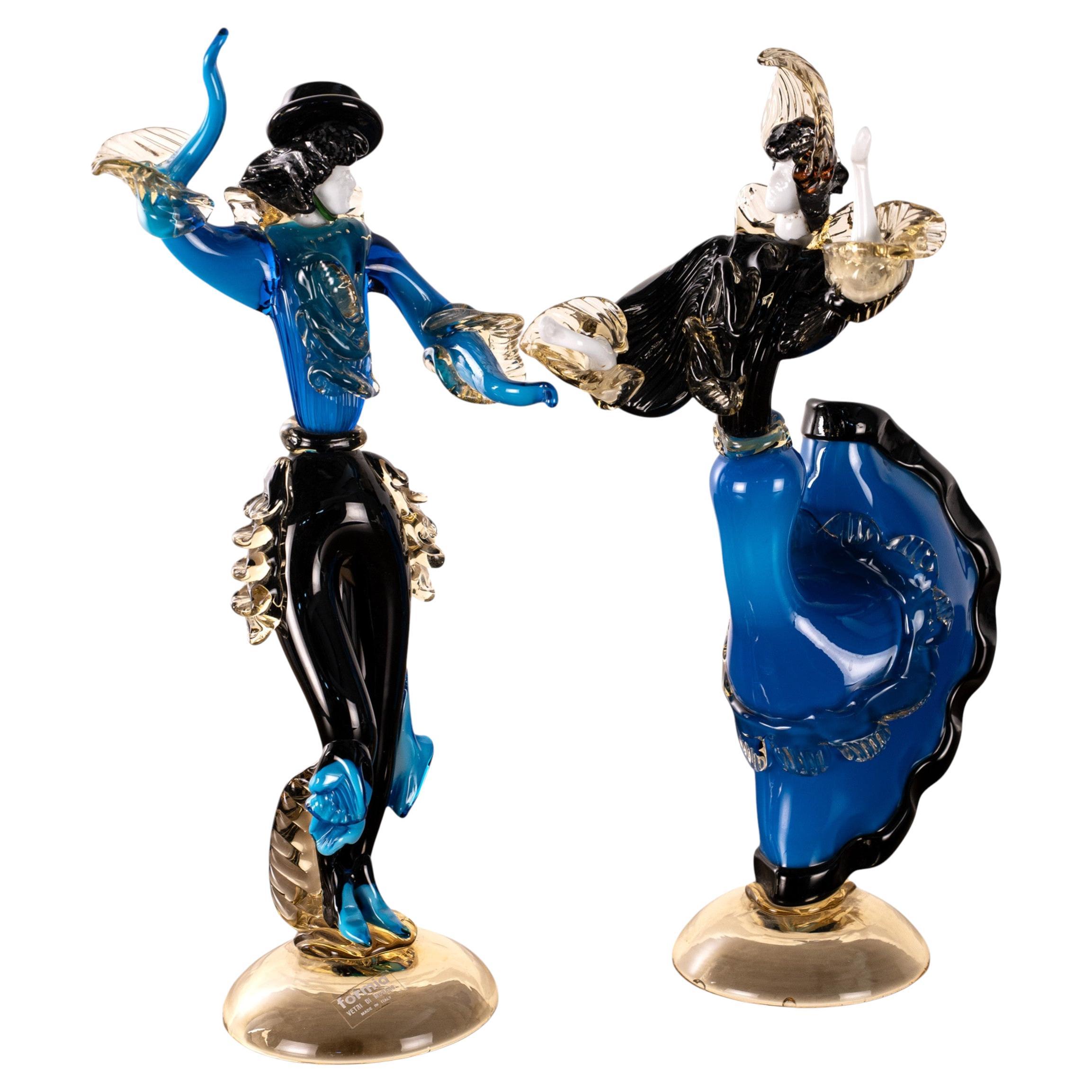 Couple of dancers Sculpture in Blue and Black Murano glass, Italy in stock For Sale